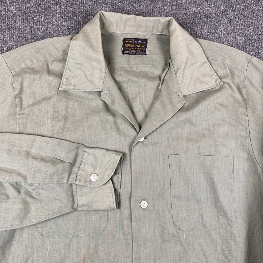 Vintage 60s Sears Shirt Mens M Green Gray Camp Collar Long Sleeve Rockabilly